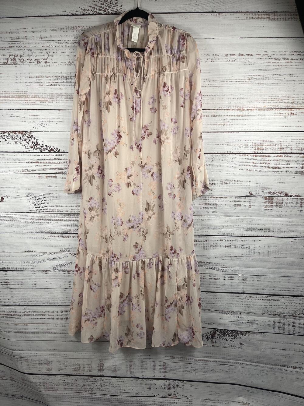 H&M Dress Women's XS Beige Purple Floral Long Sleeve Maxi Ruffle Boho Romantic